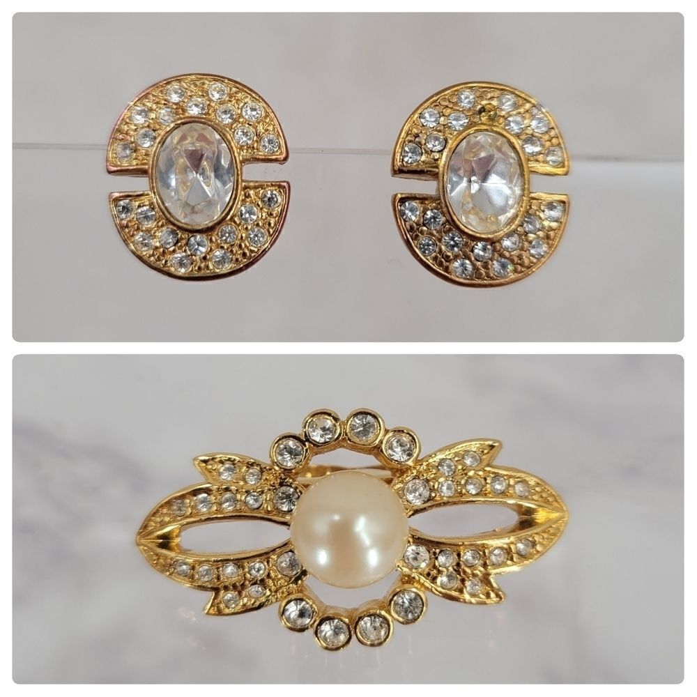 Earrings and Chain Slide Vintage Gold Toned Studs with rhinestones